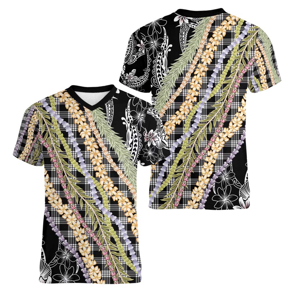 Black Palaka Hawaii Leis Women V-Neck T-Shirt Hawaiian-plaid Elegant Tropical Vibes - Polynesian Pride
