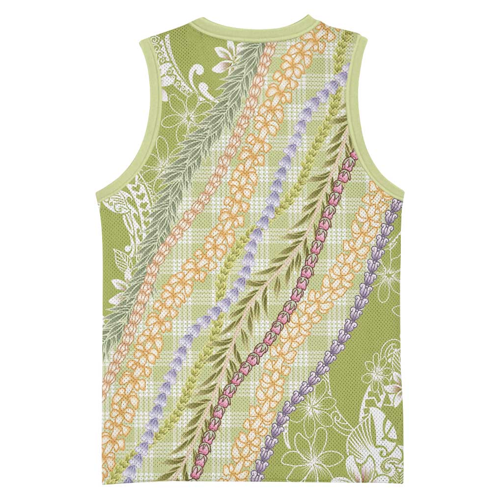 Green Palaka Hawaii Leis Basketball Jersey Hawaiian-plaid Elegant Tropical Vibes - Polynesian Pride