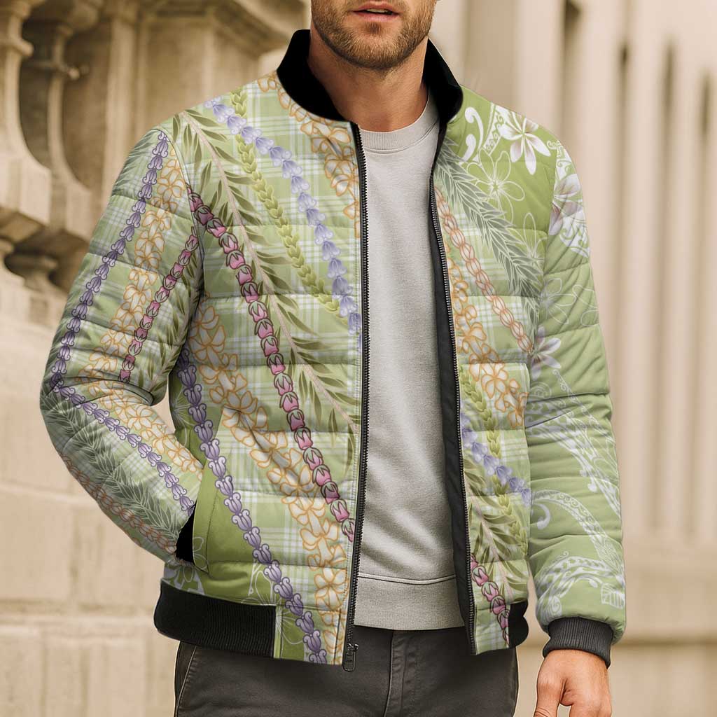 Green Palaka Hawaii Leis Bomber Puffer Jacket Hawaiian-plaid Elegant Tropical Vibes - Polynesian Pride