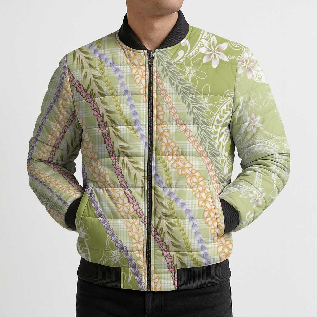 Green Palaka Hawaii Leis Bomber Puffer Jacket Hawaiian-plaid Elegant Tropical Vibes - Polynesian Pride