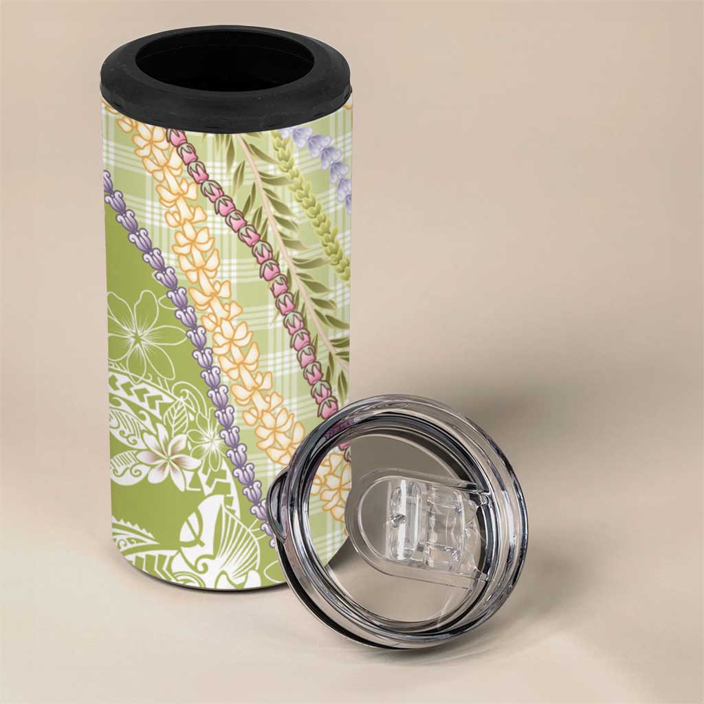 Green Palaka Hawaii Leis 4 in 1 Can Cooler Tumbler Hawaiian-plaid Elegant Tropical Vibes - Polynesian Pride