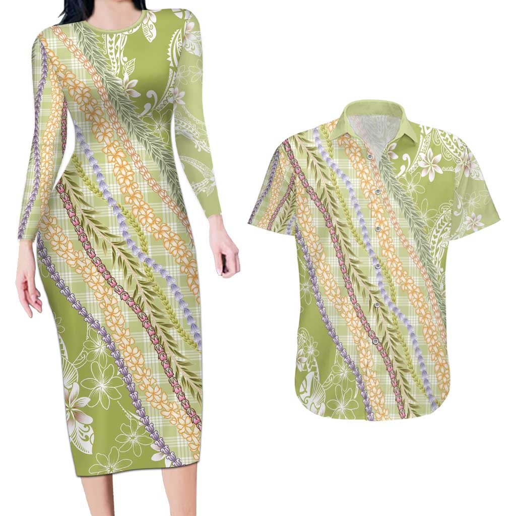 Green Palaka Hawaii Leis Couples Matching Long Sleeve Bodycon Dress and Hawaiian Shirt Hawaiian-plaid Elegant Tropical Vibes - Polynesian Pride