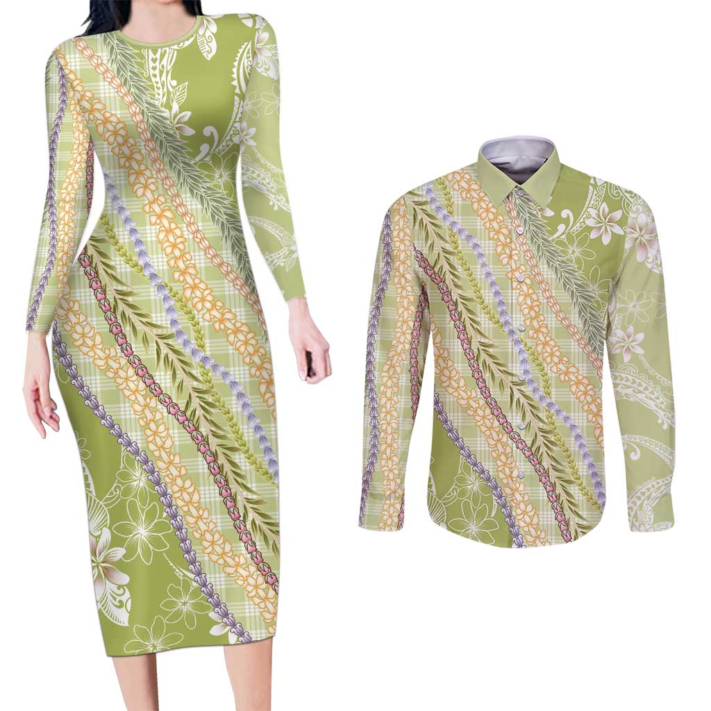 Green Palaka Hawaii Leis Couples Matching Long Sleeve Bodycon Dress and Long Sleeve Button Shirt Hawaiian-plaid Elegant Tropical Vibes - Polynesian Pride