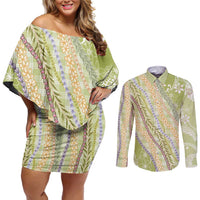 Green Palaka Hawaii Leis Couples Matching Off Shoulder Short Dress and Long Sleeve Button Shirt Hawaiian-plaid Elegant Tropical Vibes - Polynesian Pride