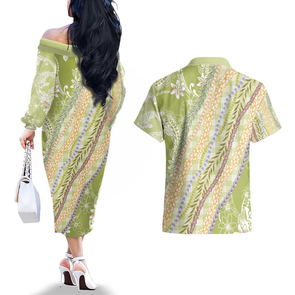 Green Palaka Hawaii Leis Couples Matching Off The Shoulder Long Sleeve Dress and Hawaiian Shirt Hawaiian-plaid Elegant Tropical Vibes - Polynesian Pride