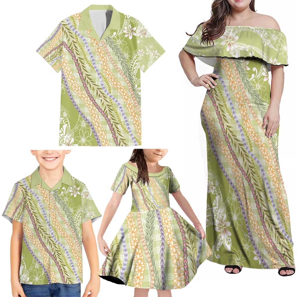 Green Palaka Hawaii Leis Family Matching Off Shoulder Maxi Dress and Hawaiian Shirt Hawaiian-plaid Elegant Tropical Vibes - Polynesian Pride