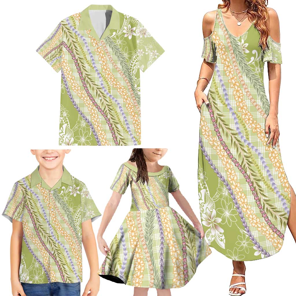 Green Palaka Hawaii Leis Family Matching Summer Maxi Dress and Hawaiian Shirt Hawaiian-plaid Elegant Tropical Vibes - Polynesian Pride