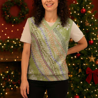 Green Palaka Hawaii Leis Christmas Knitted V-Neck Vest Hawaiian-plaid Elegant Tropical Vibes - Polynesian Pride
