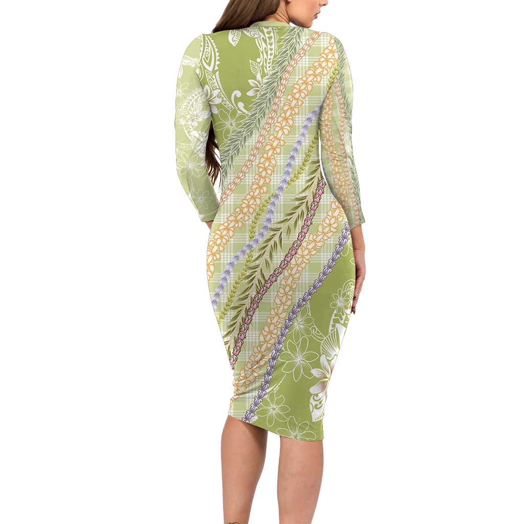 Green Palaka Hawaii Leis Long Sleeve Bodycon Dress Hawaiian-plaid Elegant Tropical Vibes - Polynesian Pride