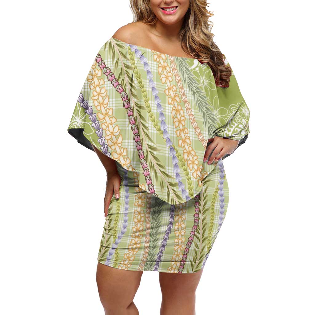 Green Palaka Hawaii Leis Off Shoulder Short Dress Hawaiian-plaid Elegant Tropical Vibes - Polynesian Pride