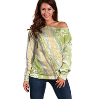 Green Palaka Hawaii Leis Off Shoulder Sweater Hawaiian-plaid Elegant Tropical Vibes - Polynesian Pride