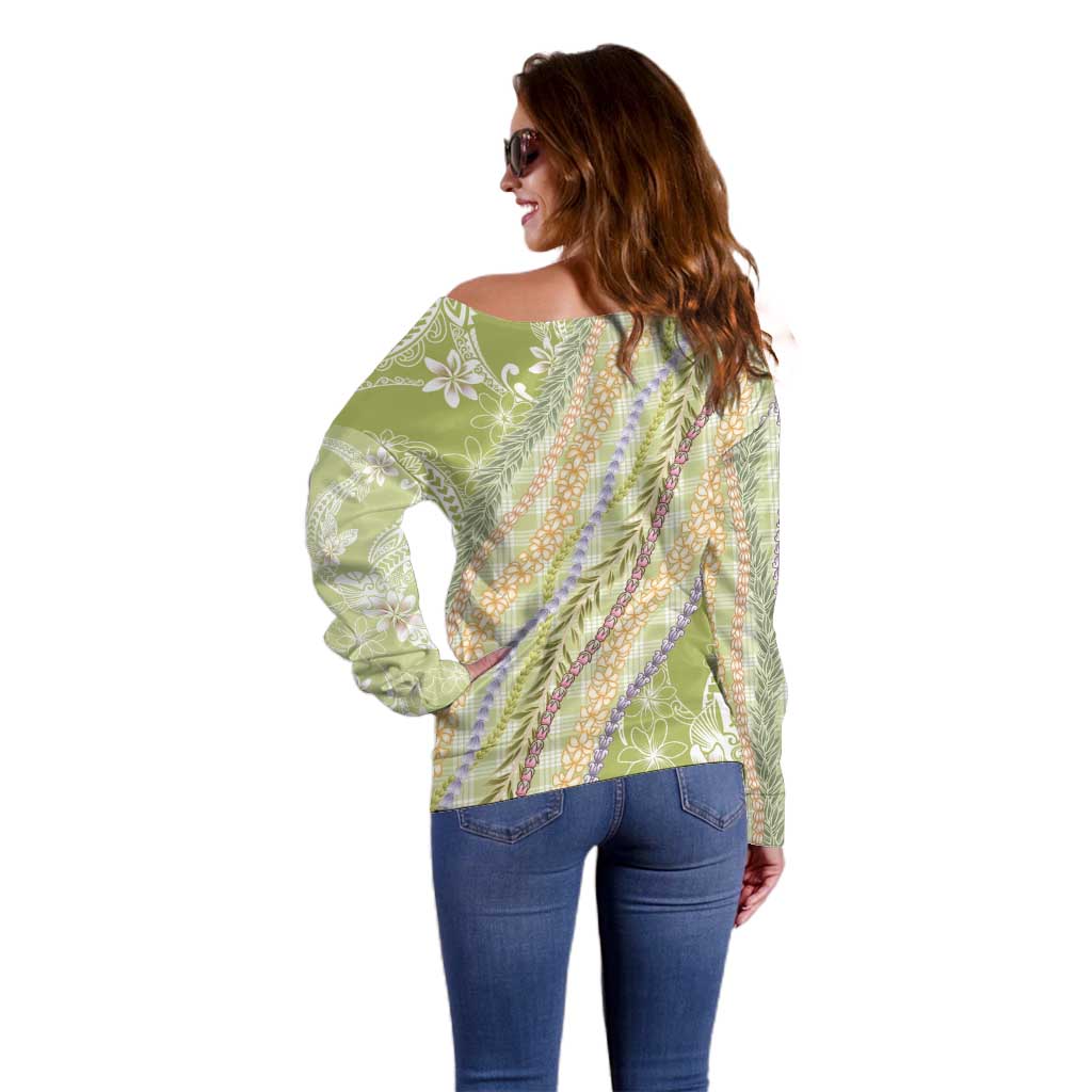 Green Palaka Hawaii Leis Off Shoulder Sweater Hawaiian-plaid Elegant Tropical Vibes - Polynesian Pride
