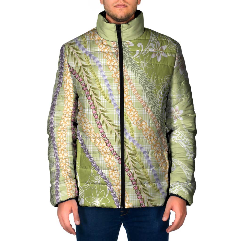 Green Palaka Hawaii Leis Padded Jacket Hawaiian-plaid Elegant Tropical Vibes - Polynesian Pride