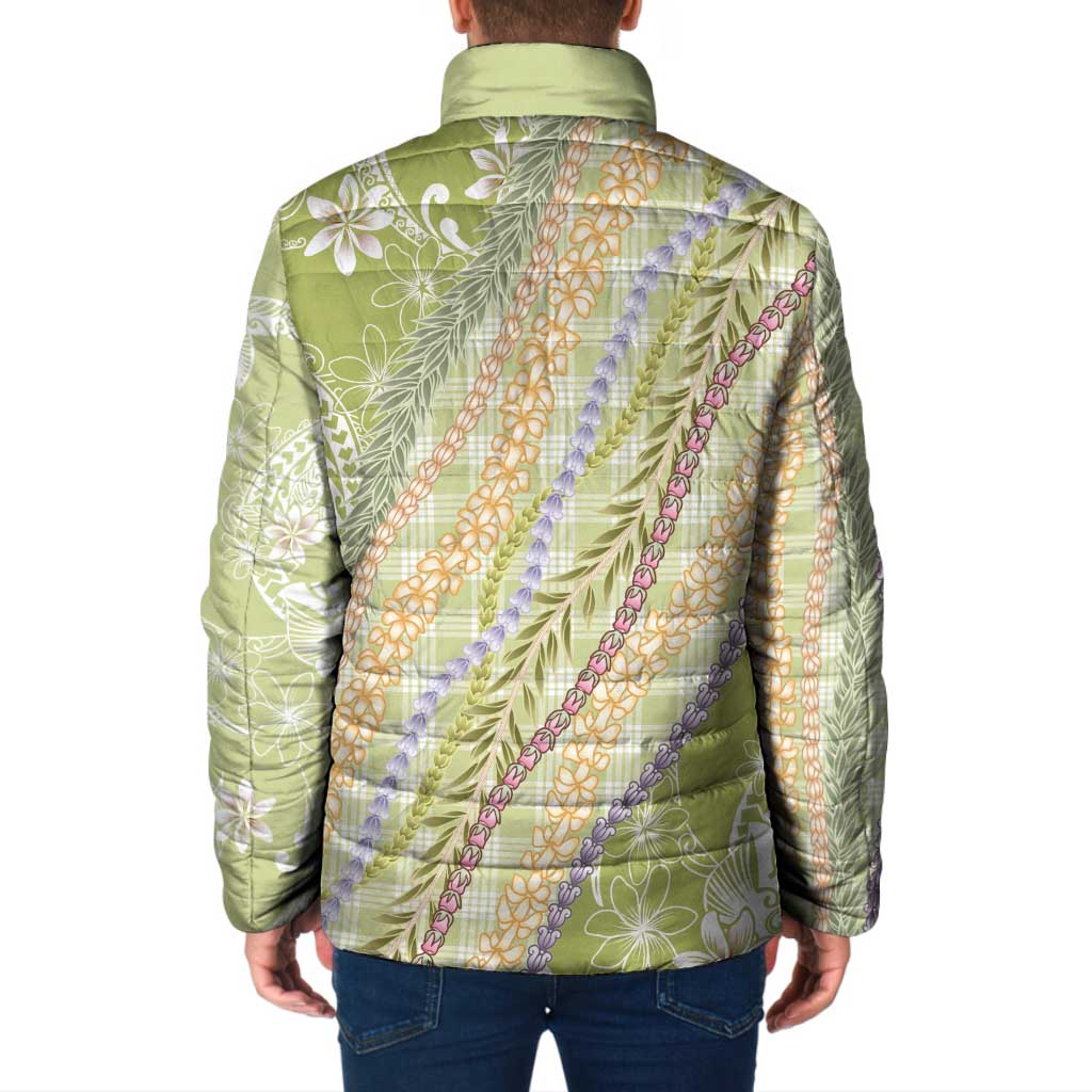 Green Palaka Hawaii Leis Padded Jacket Hawaiian-plaid Elegant Tropical Vibes - Polynesian Pride