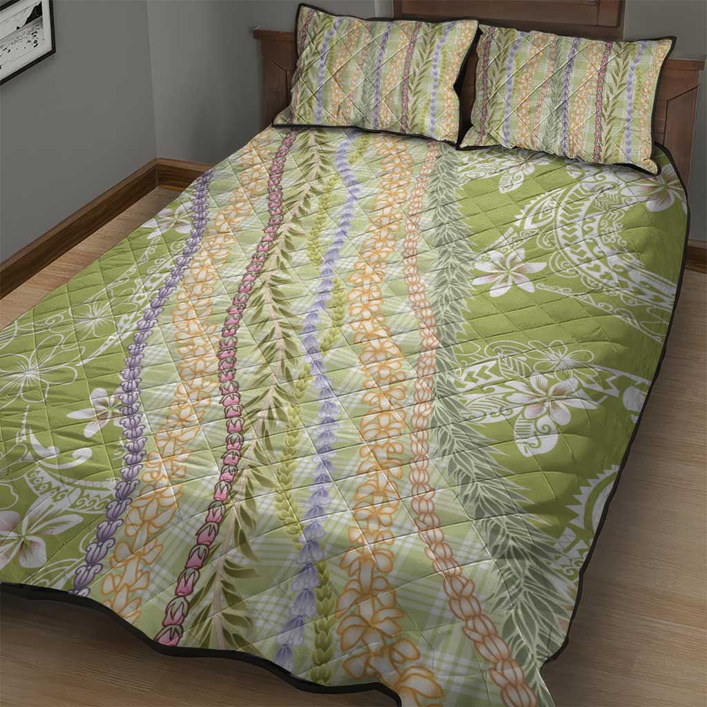 Green Palaka Hawaii Leis Quilt Bed Set Hawaiian-plaid Elegant Tropical Vibes - Polynesian Pride