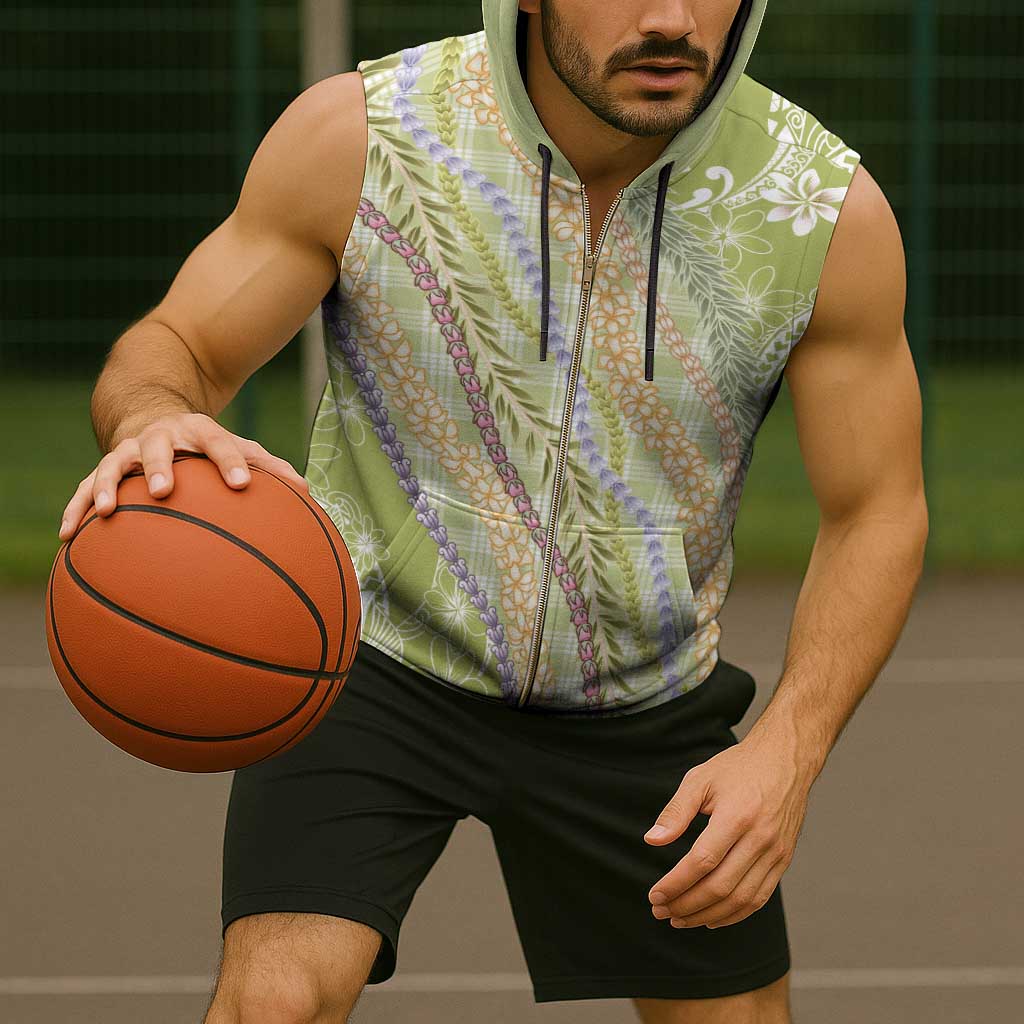 Green Palaka Hawaii Leis Sleeveless Zip Hoodie Hawaiian-plaid Elegant Tropical Vibes - Polynesian Pride