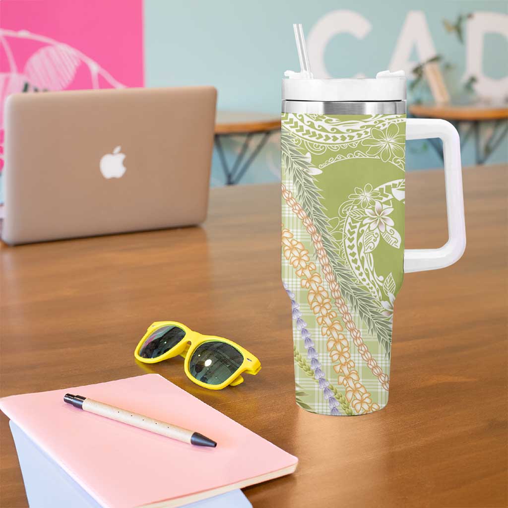Green Palaka Hawaii Leis Tumbler With Handle Hawaiian-plaid Elegant Tropical Vibes - Polynesian Pride