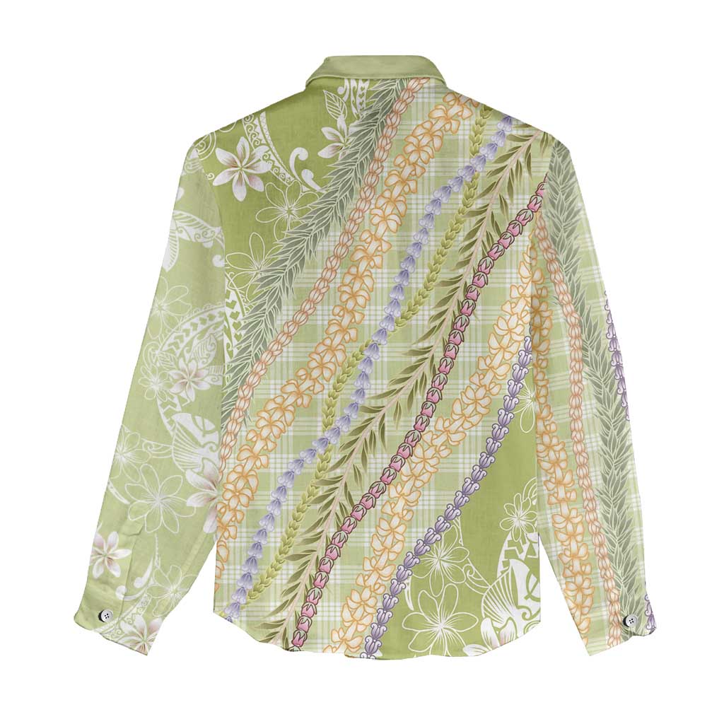 Green Palaka Hawaii Leis Women Casual Shirt Hawaiian-plaid Elegant Tropical Vibes - Polynesian Pride