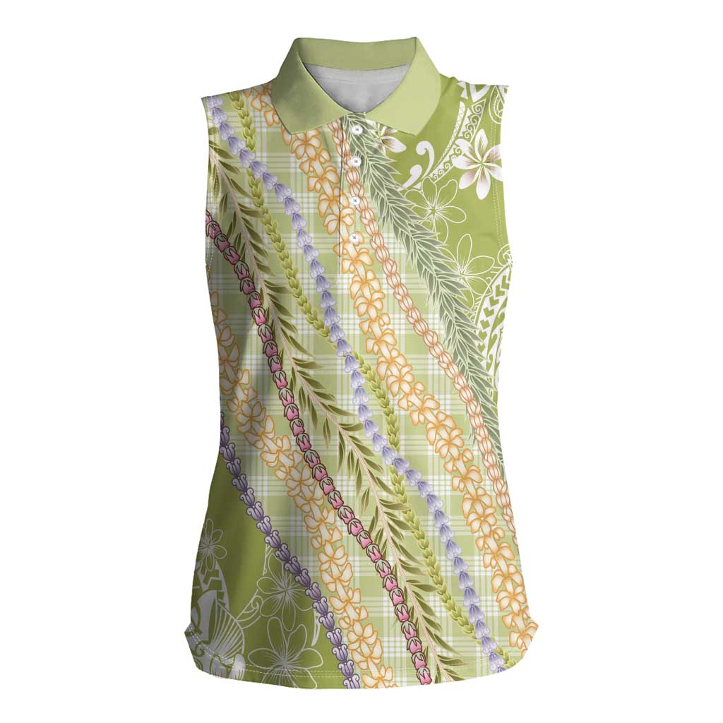 Green Palaka Hawaii Leis Women Sleeveless Polo Shirt Hawaiian-plaid Elegant Tropical Vibes - Polynesian Pride
