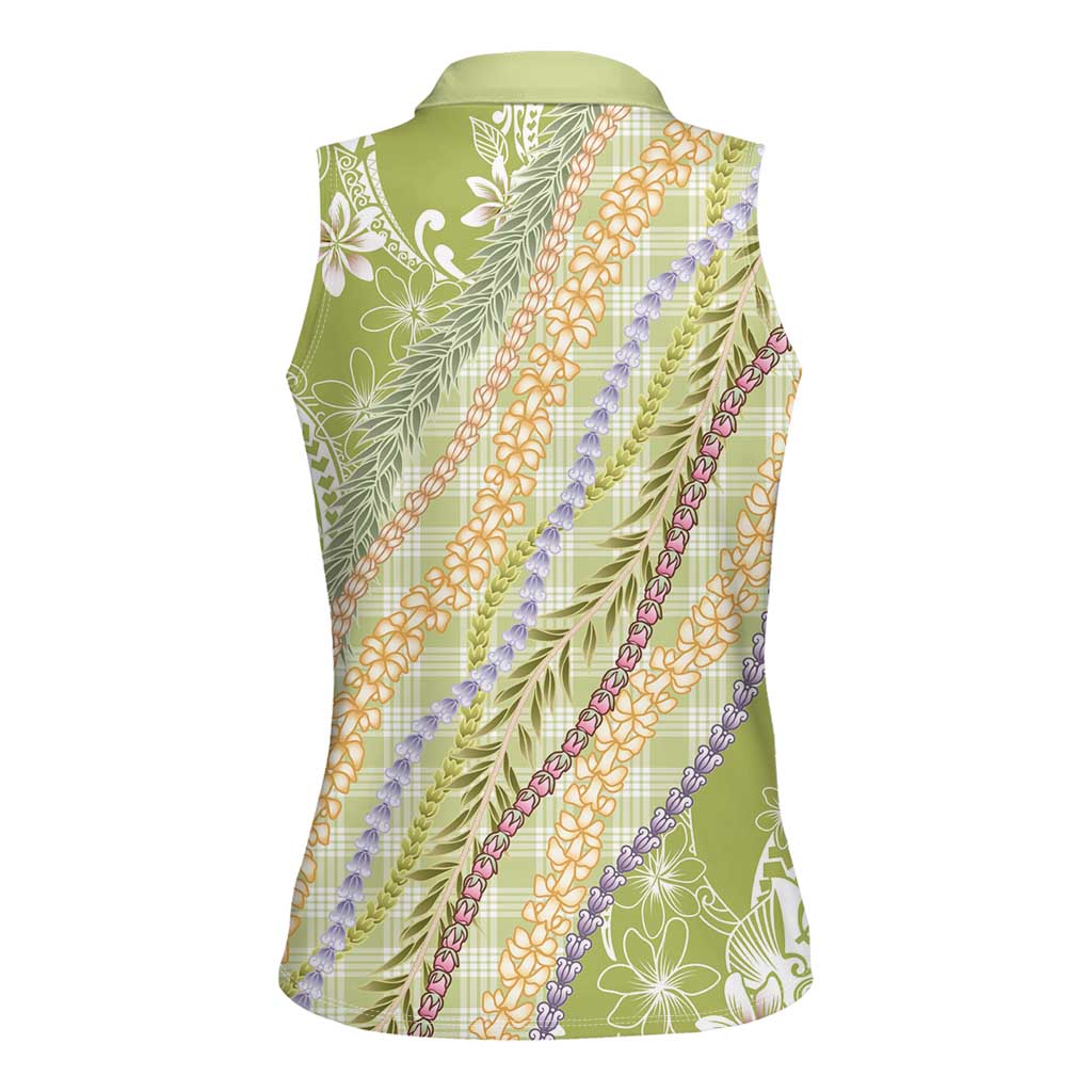 Green Palaka Hawaii Leis Women Sleeveless Polo Shirt Hawaiian-plaid Elegant Tropical Vibes - Polynesian Pride
