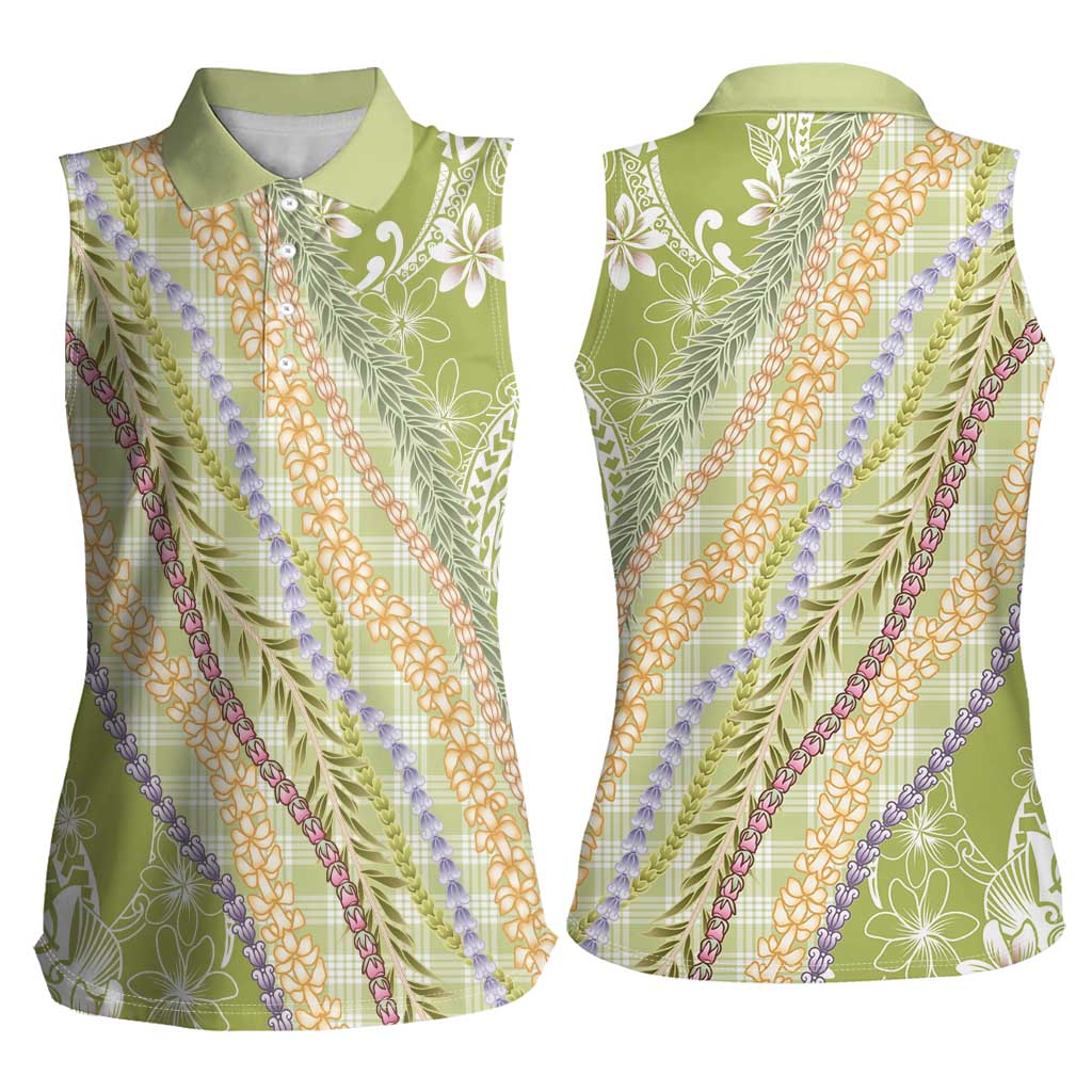 Green Palaka Hawaii Leis Women Sleeveless Polo Shirt Hawaiian-plaid Elegant Tropical Vibes - Polynesian Pride