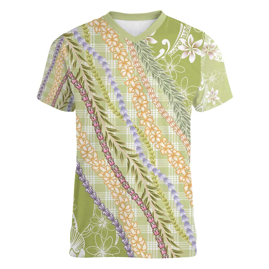 Green Palaka Hawaii Leis Women V-Neck T-Shirt Hawaiian-plaid Elegant Tropical Vibes - Polynesian Pride