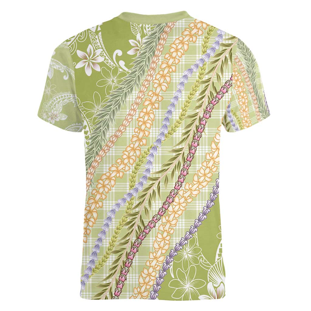 Green Palaka Hawaii Leis Women V-Neck T-Shirt Hawaiian-plaid Elegant Tropical Vibes - Polynesian Pride