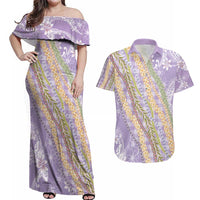 Purple Palaka Hawaii Leis Couples Matching Off Shoulder Maxi Dress and Hawaiian Shirt Hawaiian-plaid Elegant Tropical Vibes - Polynesian Pride