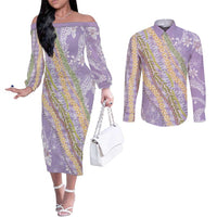 Purple Palaka Hawaii Leis Couples Matching Off The Shoulder Long Sleeve Dress and Long Sleeve Button Shirt Hawaiian-plaid Elegant Tropical Vibes - Polynesian Pride