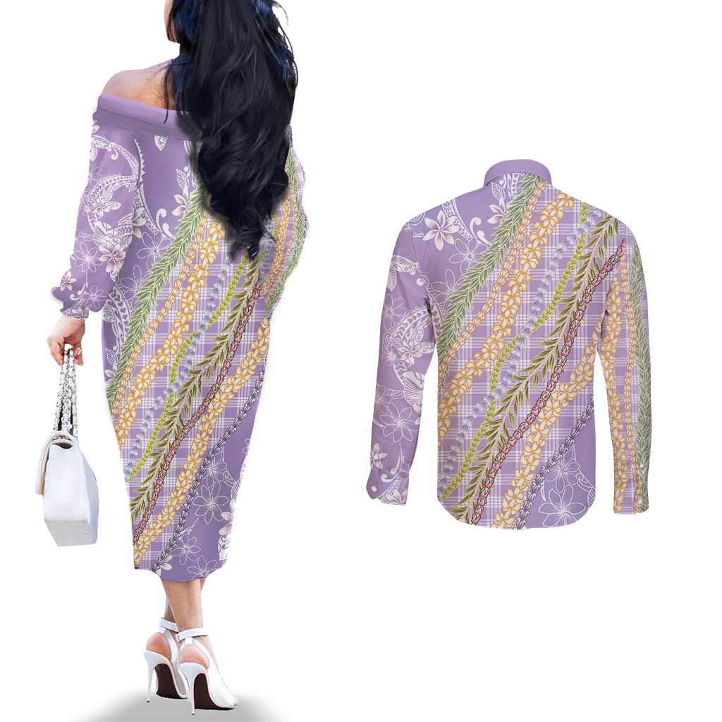 Purple Palaka Hawaii Leis Couples Matching Off The Shoulder Long Sleeve Dress and Long Sleeve Button Shirt Hawaiian-plaid Elegant Tropical Vibes - Polynesian Pride