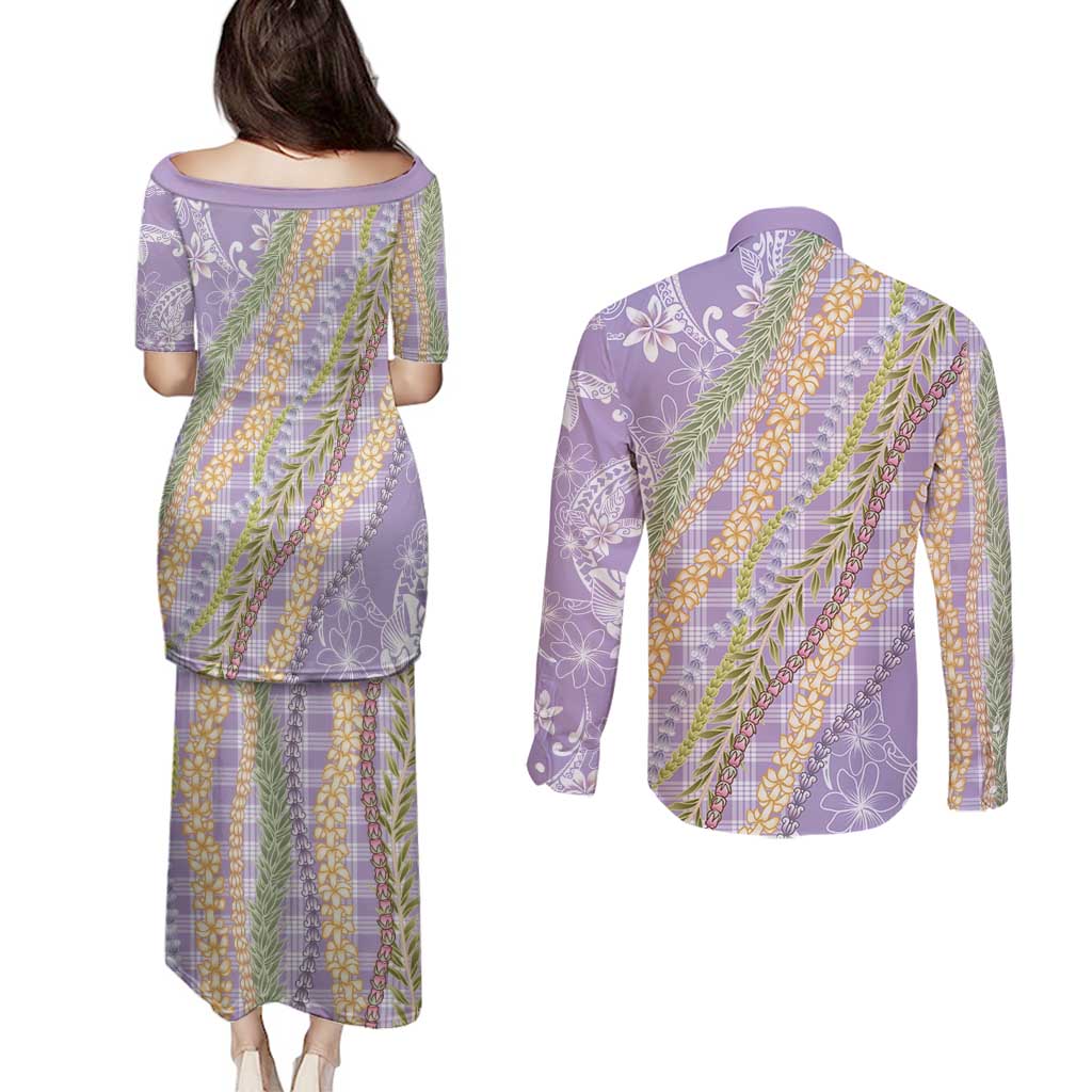 Purple Palaka Hawaii Leis Couples Matching Puletasi and Long Sleeve Button Shirt Hawaiian-plaid Elegant Tropical Vibes - Polynesian Pride