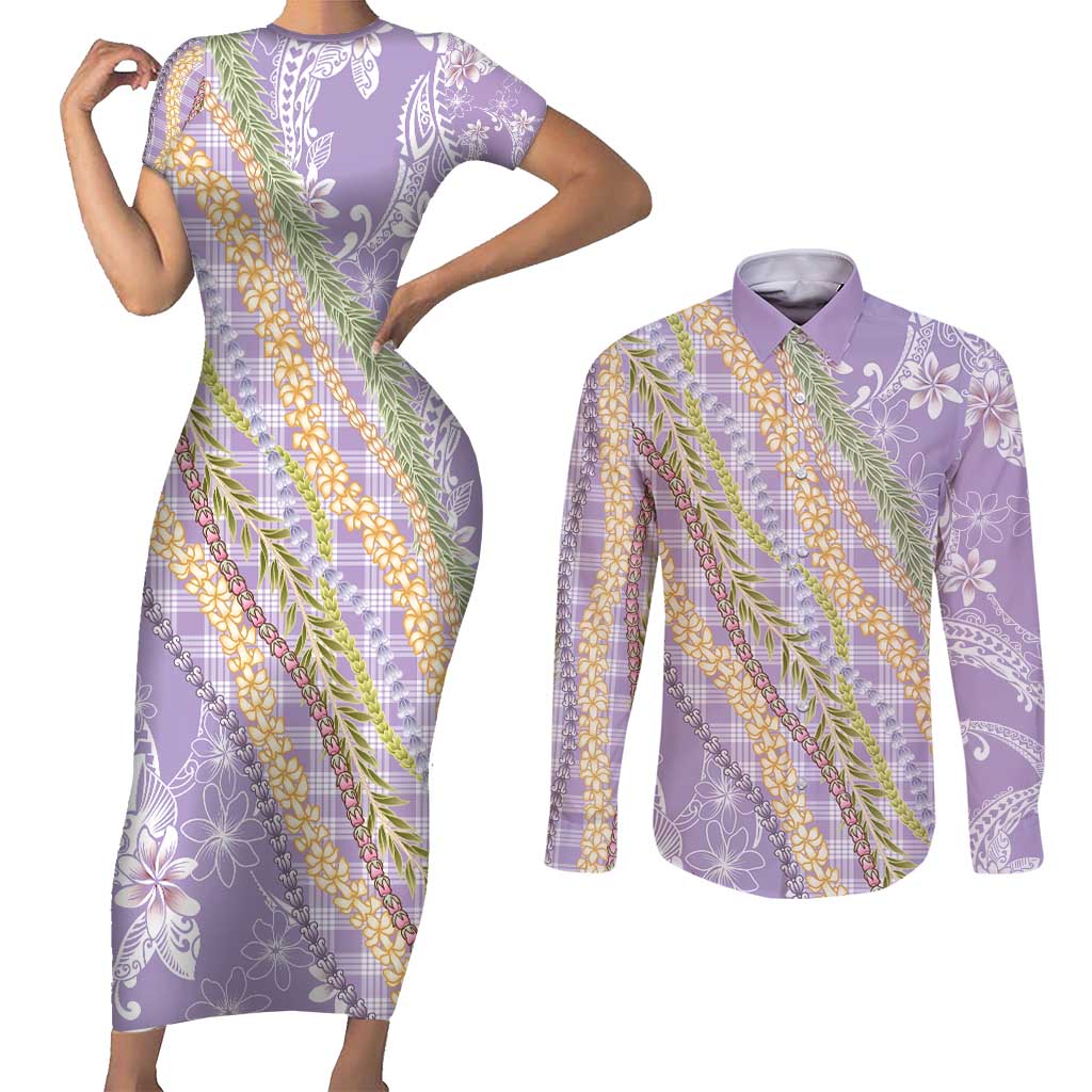 Purple Palaka Hawaii Leis Couples Matching Short Sleeve Bodycon Dress and Long Sleeve Button Shirt Hawaiian-plaid Elegant Tropical Vibes - Polynesian Pride