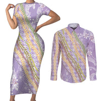 Purple Palaka Hawaii Leis Couples Matching Short Sleeve Bodycon Dress and Long Sleeve Button Shirt Hawaiian-plaid Elegant Tropical Vibes - Polynesian Pride