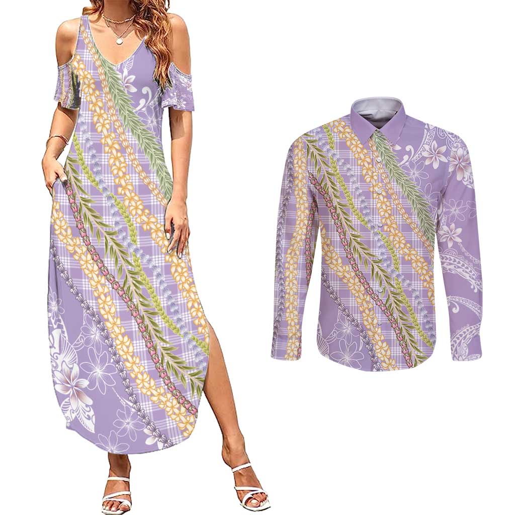 Purple Palaka Hawaii Leis Couples Matching Summer Maxi Dress and Long Sleeve Button Shirt Hawaiian-plaid Elegant Tropical Vibes - Polynesian Pride