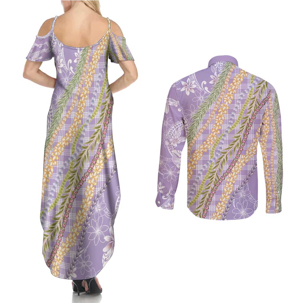 Purple Palaka Hawaii Leis Couples Matching Summer Maxi Dress and Long Sleeve Button Shirt Hawaiian-plaid Elegant Tropical Vibes - Polynesian Pride