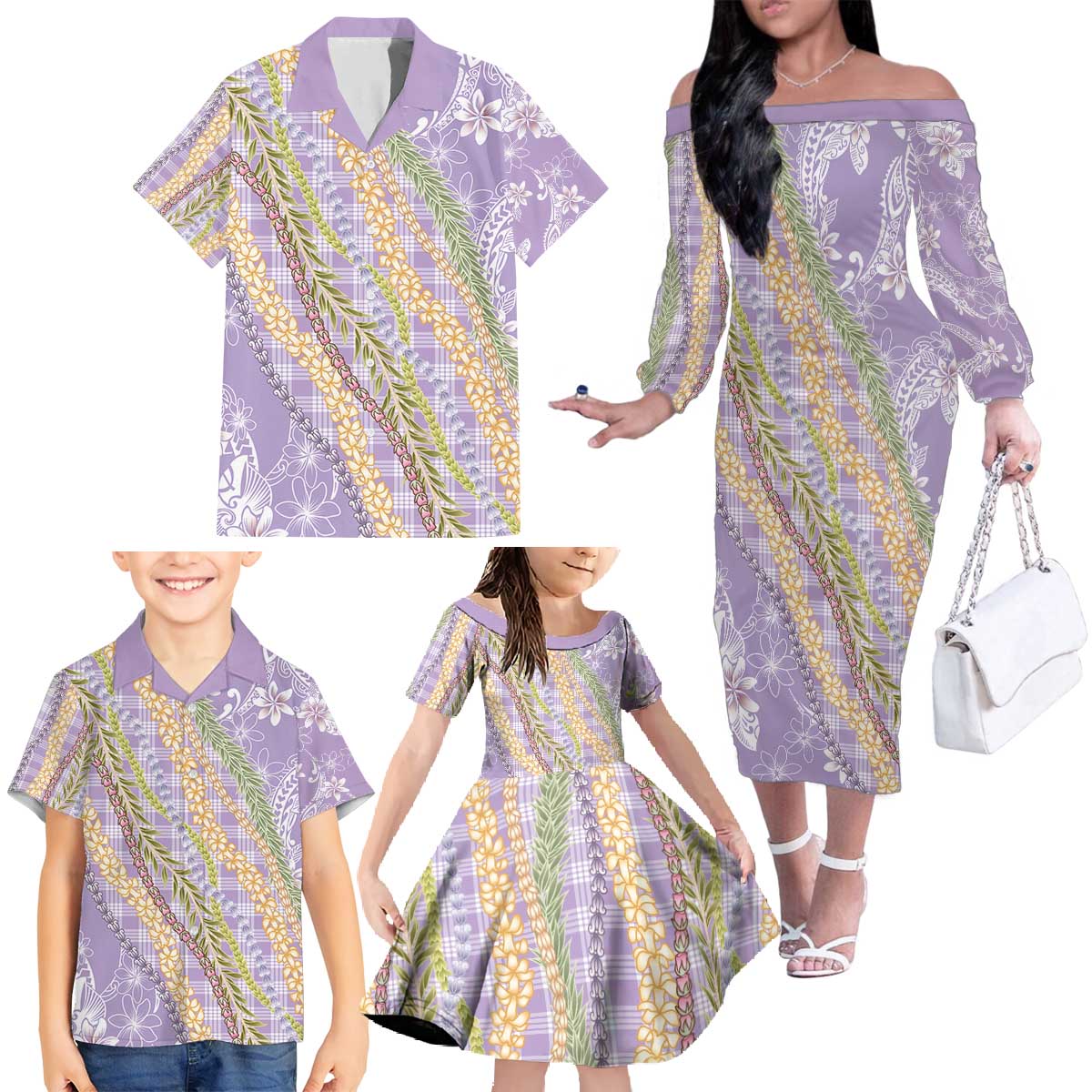 Purple Palaka Hawaii Leis Family Matching Off The Shoulder Long Sleeve Dress and Hawaiian Shirt Hawaiian-plaid Elegant Tropical Vibes - Polynesian Pride