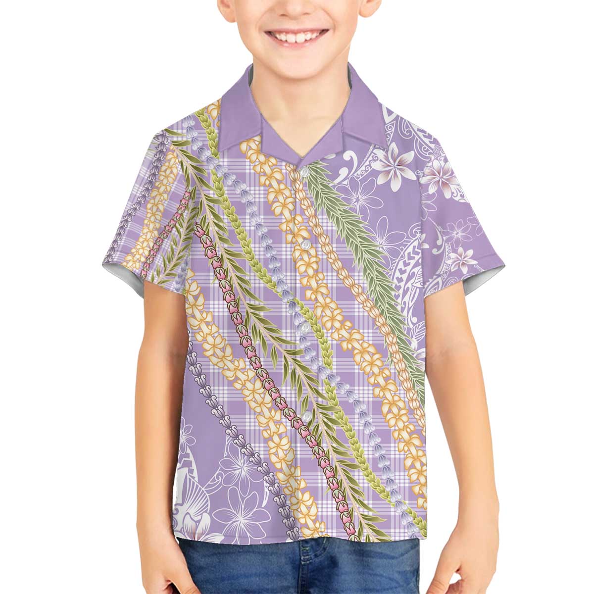 Purple Palaka Hawaii Leis Family Matching Off The Shoulder Long Sleeve Dress and Hawaiian Shirt Hawaiian-plaid Elegant Tropical Vibes - Polynesian Pride