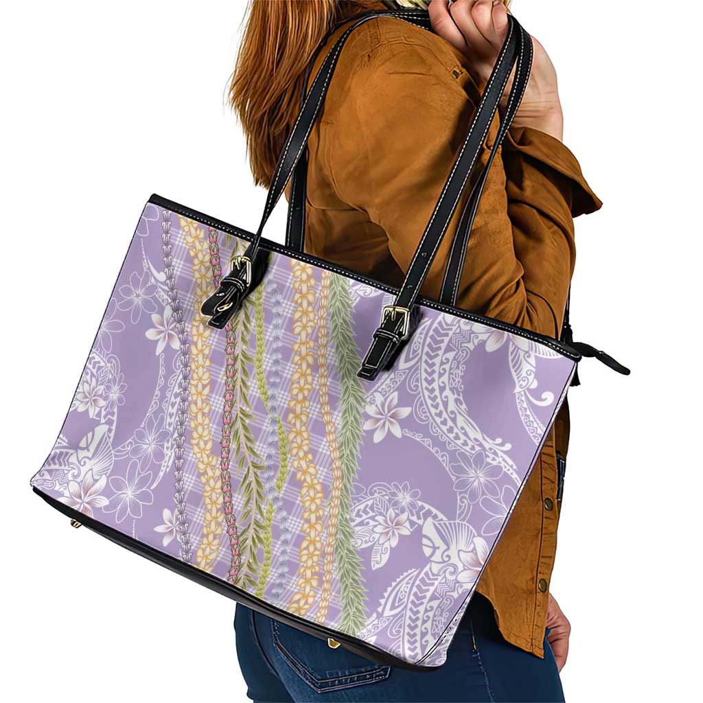 Purple Palaka Hawaii Leis Leather Tote Bag Hawaiian-plaid Elegant Tropical Vibes - Polynesian Pride