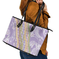 Purple Palaka Hawaii Leis Leather Tote Bag Hawaiian-plaid Elegant Tropical Vibes - Polynesian Pride