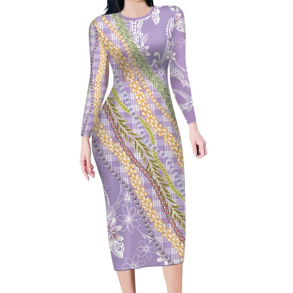 Purple Palaka Hawaii Leis Long Sleeve Bodycon Dress Hawaiian-plaid Elegant Tropical Vibes - Polynesian Pride