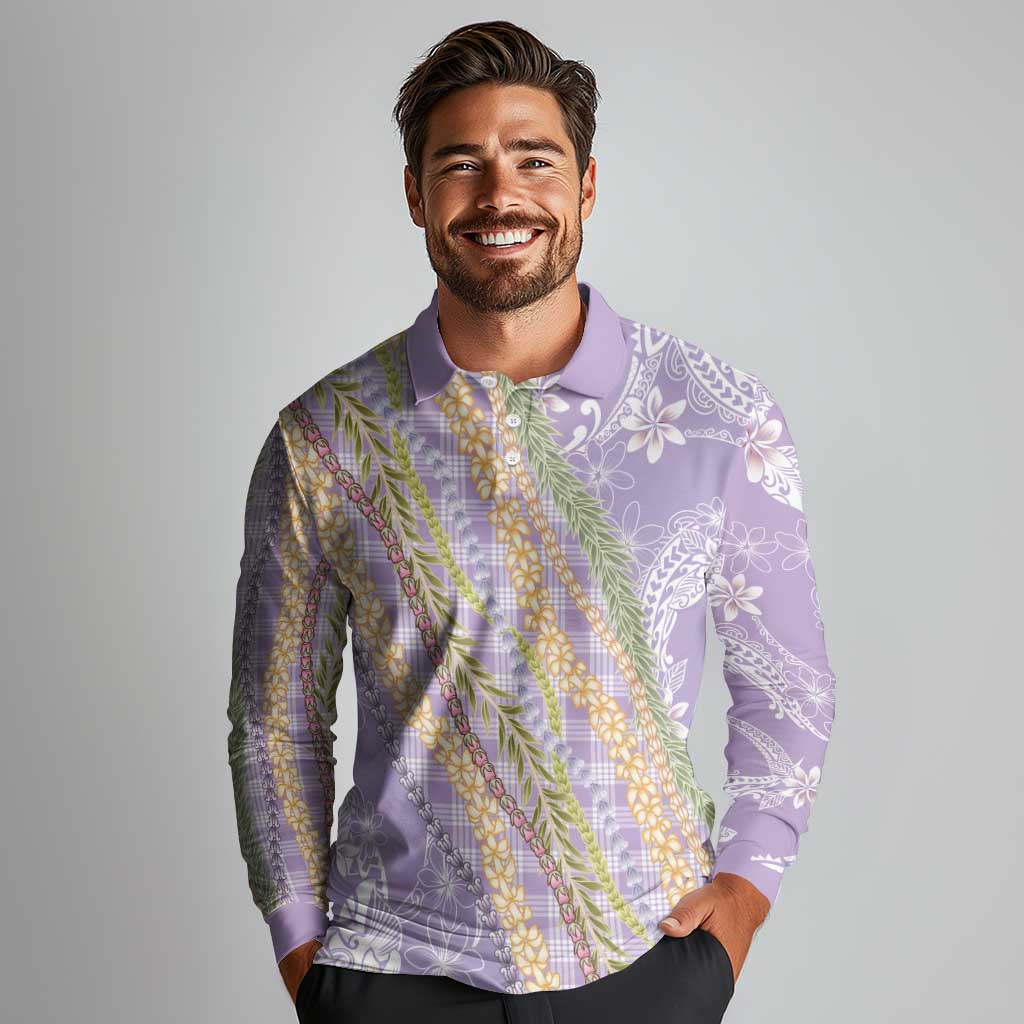 Purple Palaka Hawaii Leis Long Sleeve Polo Shirt Hawaiian-plaid Elegant Tropical Vibes - Polynesian Pride