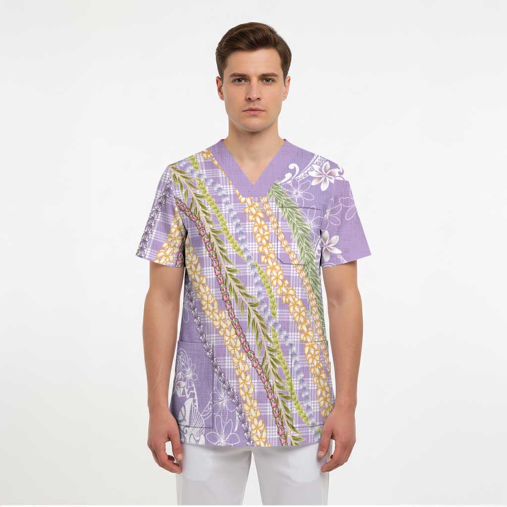 Purple Palaka Hawaii Leis Scrub Top Hawaiian-plaid Elegant Tropical Vibes - Polynesian Pride