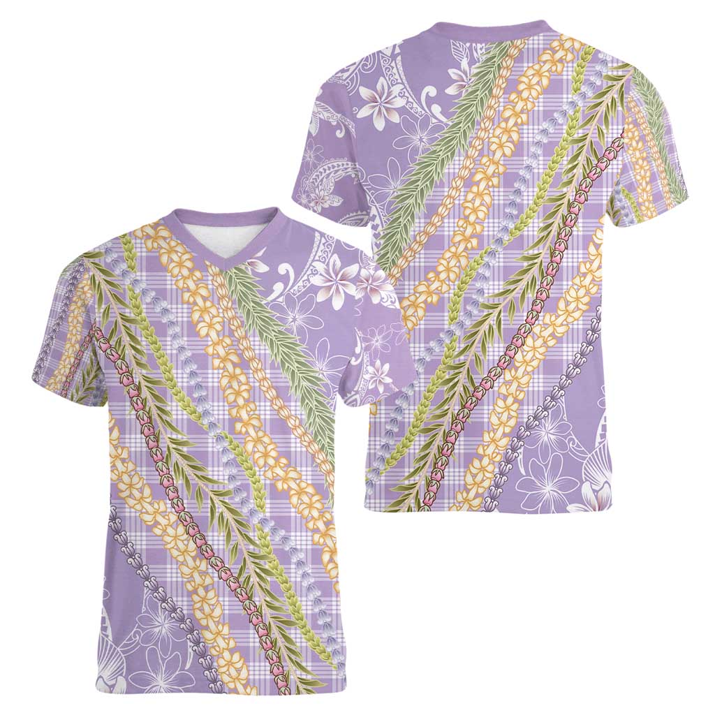 Purple Palaka Hawaii Leis Women V-Neck T-Shirt Hawaiian-plaid Elegant Tropical Vibes - Polynesian Pride