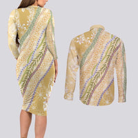 Yellow Palaka Hawaii Leis Couples Matching Long Sleeve Bodycon Dress and Long Sleeve Button Shirt Hawaiian-plaid Elegant Tropical Vibes - Polynesian Pride