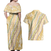 Yellow Palaka Hawaii Leis Couples Matching Off Shoulder Maxi Dress and Hawaiian Shirt Hawaiian-plaid Elegant Tropical Vibes - Polynesian Pride