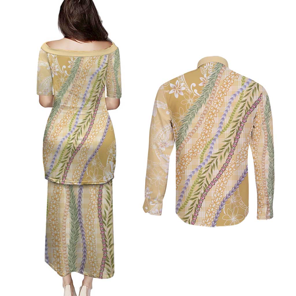 Yellow Palaka Hawaii Leis Couples Matching Puletasi and Long Sleeve Button Shirt Hawaiian-plaid Elegant Tropical Vibes - Polynesian Pride