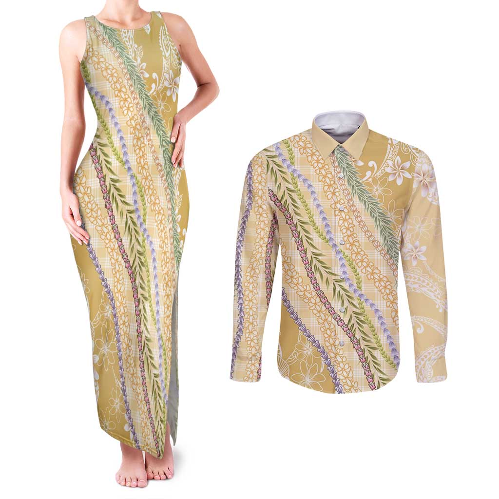 Yellow Palaka Hawaii Leis Couples Matching Tank Maxi Dress and Long Sleeve Button Shirt Hawaiian-plaid Elegant Tropical Vibes - Polynesian Pride