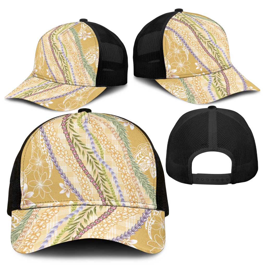 Yellow Palaka Hawaii Leis Mesh Trucker Cap Hawaiian-plaid Elegant Tropical Vibes - Polynesian Pride