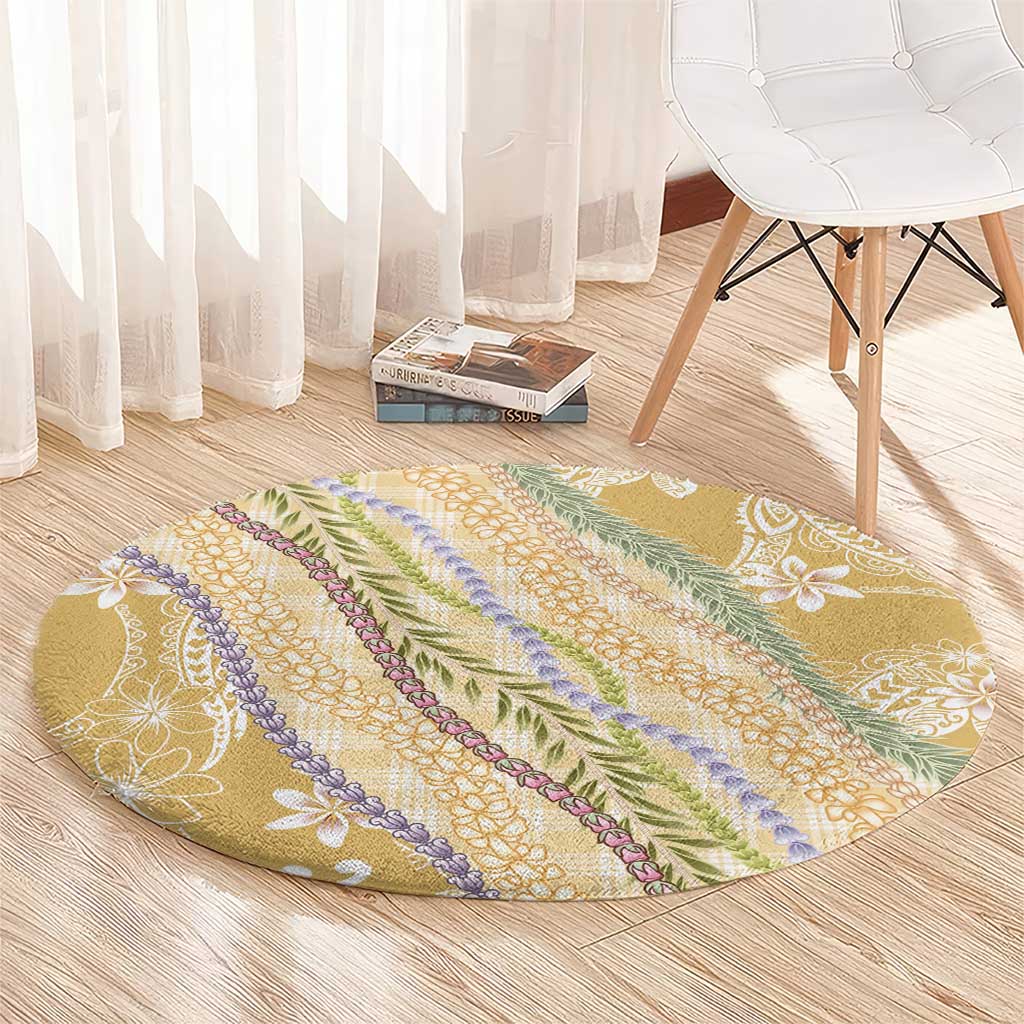 Yellow Palaka Hawaii Leis Round Carpet Hawaiian-plaid Elegant Tropical Vibes - Polynesian Pride
