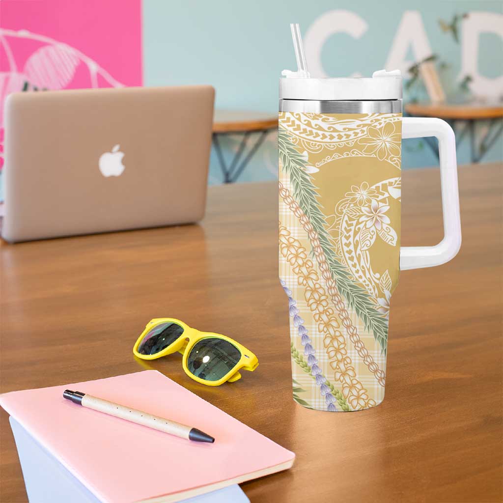 Yellow Palaka Hawaii Leis Tumbler With Handle Hawaiian-plaid Elegant Tropical Vibes - Polynesian Pride